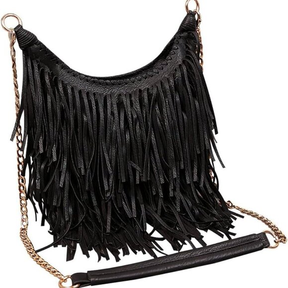 Women's Fringed Faux Suede Leather Cross Body Bag Chain Shoulder Bag Tassel Hand - Picture 2 of 6